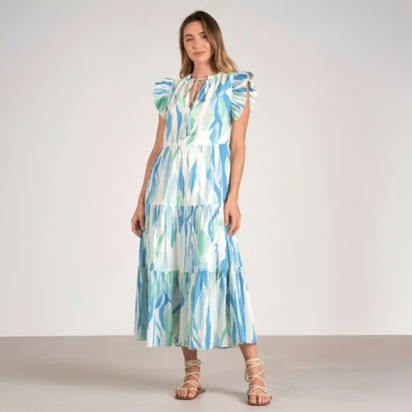 Blue & Green Flutter Sleeve Maxi Dress 100% Cotton Size S Coastal Cottagecore - Picture 1 of 11